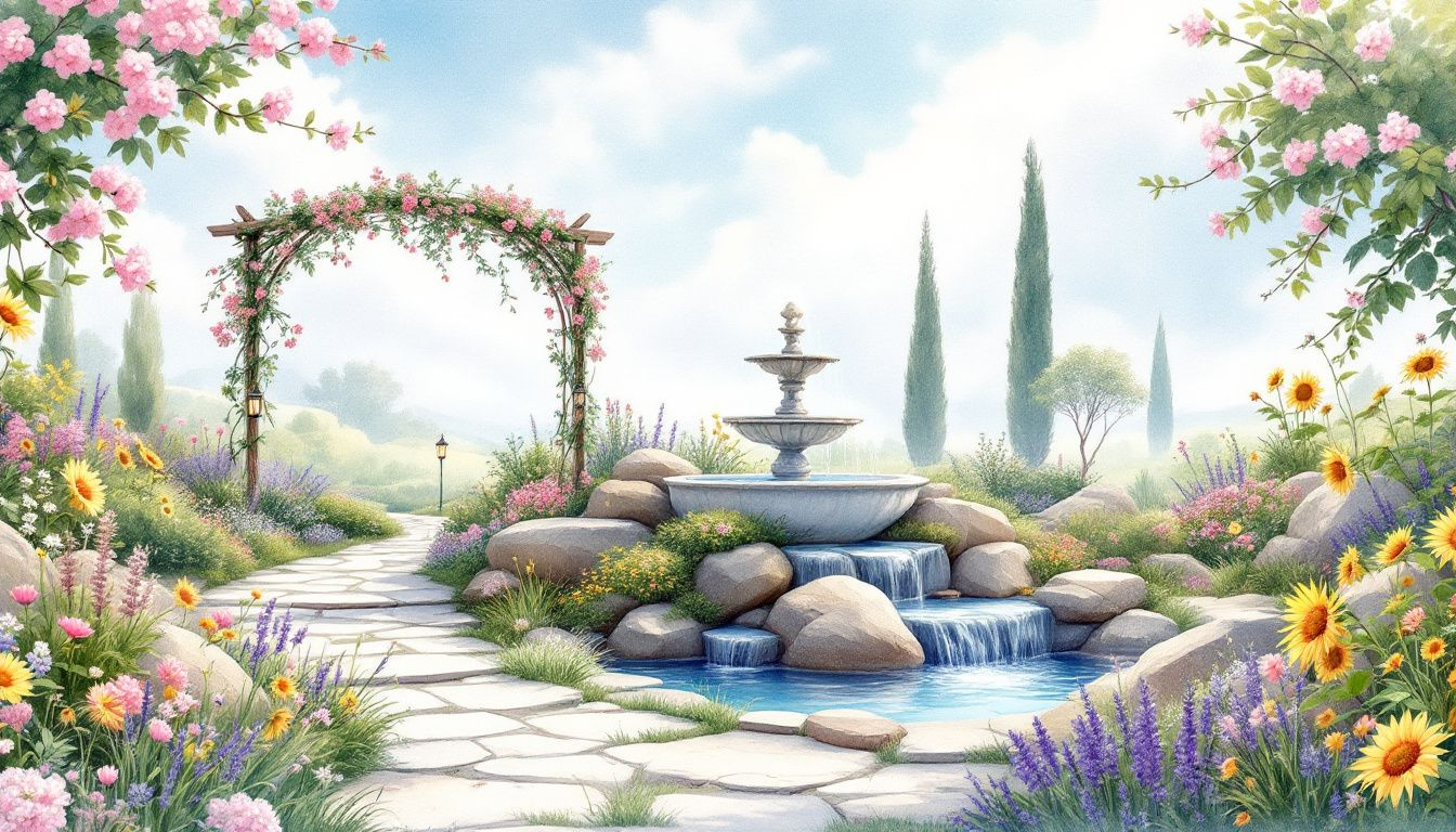 A garden enhanced with various water features including an outdoor fountain.