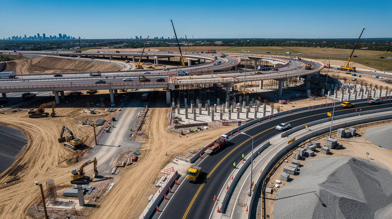 Aerial view of a highway interchange construction project.
