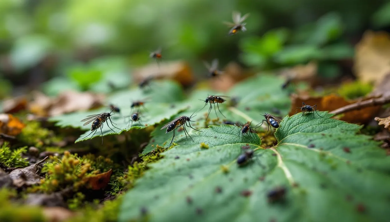The image depicts various insects, including mosquitoes and ticks, set against a natural background, highlighting the potential risks of insect bites in the transmission of communicable diseases such as Lyme disease and malaria. These insects can act as vectors for infectious agents, emphasizing the importance of prevention to avoid further spread of illnesses.