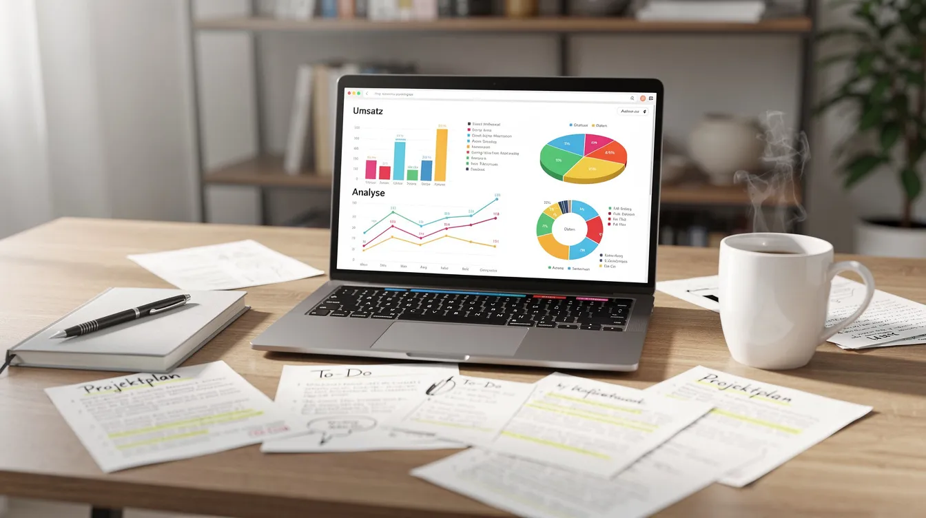 Das Bild zeigt einen modernen Arbeitsplatz mit einem Laptop, auf dessen Bildschirm Grafiken und Datenvisualisierungen zu sehen sind. Neben dem Laptop liegen Notizen und eine Kaffeetasse, was auf eine produktive Arbeitsatmosphäre hinweist, die möglicherweise mit SEO-Strategien und dem Aufbau von hochwertigen Backlinks zu tun hat.