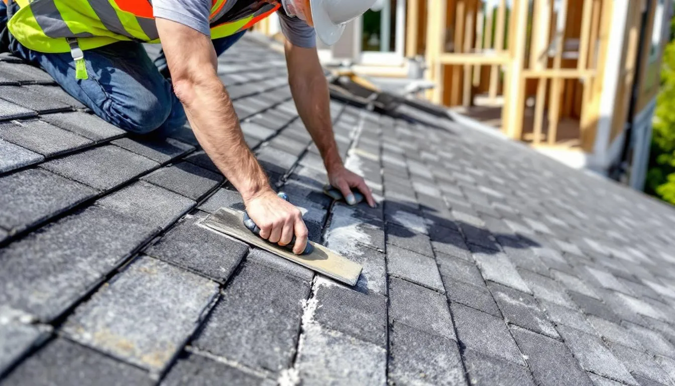 A roofing professional is seen applying roof cement along a chalk line in the valley center, ensuring a weather-resistant seal for the laminated shingles on the two roof planes. The image captures the careful technique used in the valley system, highlighting the importance of proper installation for durability.