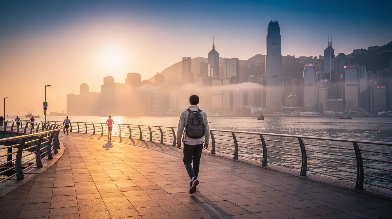 A person walks along a scenic waterfront promenade in Hong Kong at sunrise, gazing ahead as the sun casts a warm glow over the water. The tranquil atmosphere reflects a moment of peace and contemplation, symbolizing hope and new beginnings, much like the journey of debt restructuring (債務 重組) towards financial stability.