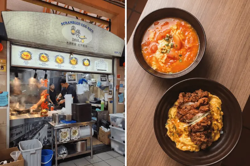 A split view showing the Danlao Scrambled Egg Rice stall with chefs cooking inside, alongside two bowls containing a vibrant tomato egg soup and a crispy meat cutlet served over scrambled egg and rice.