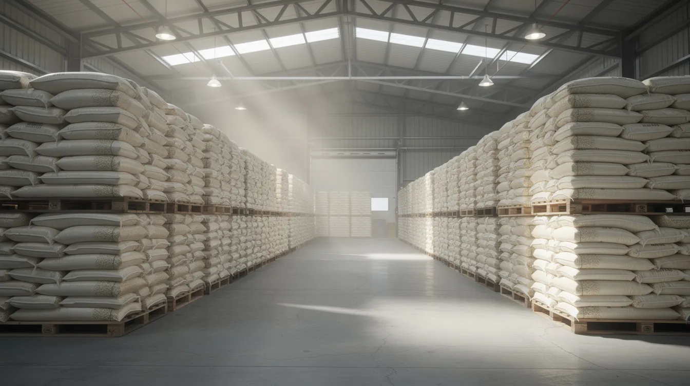 4d4aa58a 1963 4d19 96b6 9fe512b844ff The image depicts neatly stacked bags of white rice inside a large industrial warehouse, showcasing a well-organized storage area typical of rice mills. This setup highlights the efficient processing and storage capabilities crucial for meeting the demands of the harvest season.