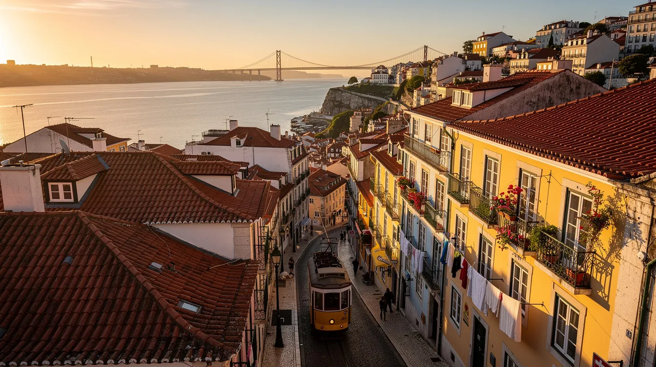 A imagem retrata uma vista deslumbrante de Lisboa, com destaque para o Mosteiro dos Jerónimos e o Rio Tejo ao fundo, evidenciando a beleza e a história da capital portuguesa. O cenário é complementado por edifícios típicos do centro histórico e a atmosfera vibrante da cidade.