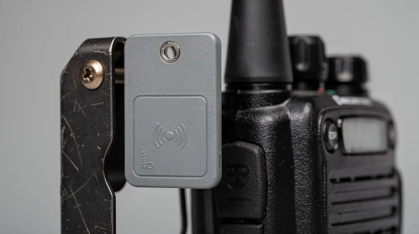 The image shows a close-up of a small rugged RFID tag securely attached to the belt clip of a black handheld two-way radio, highlighting the integration of RFID technology for tracking and access control in various industries, including law enforcement agencies. This setup enhances security and accountability in day-to-day operations by allowing only authorized users to access essential equipment.