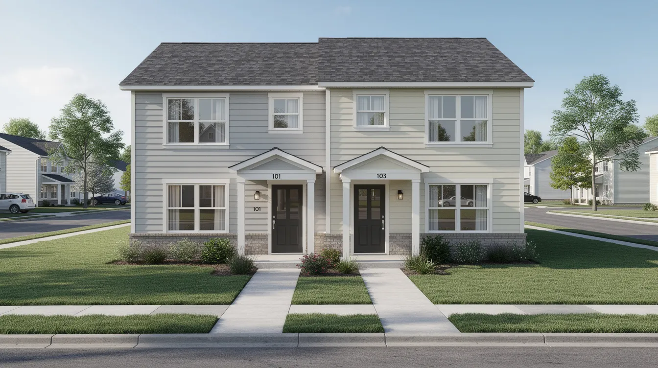 The image depicts a small multi-family duplex building featuring two distinct front entrances and a shared lawn area, ideal for real estate investors looking to enhance their investment property portfolio. This type of rental property can generate rental income and may be financed through options like a home equity line or cash-out refinance.