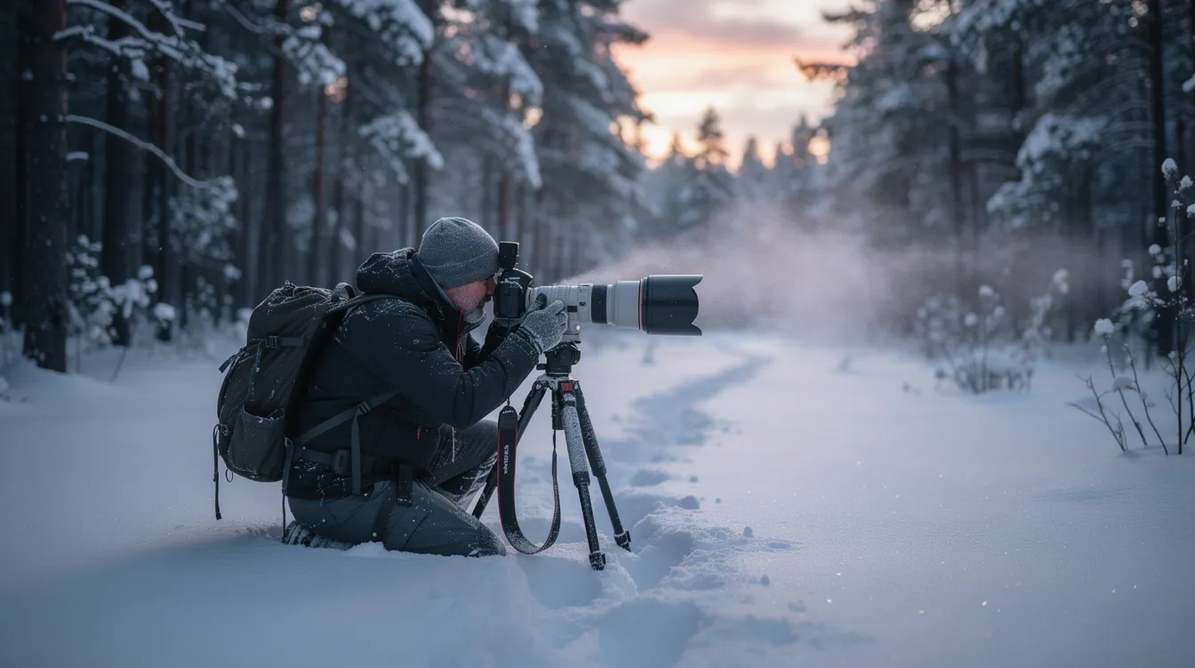 4d545d45 8bc0 4025 9a5e c03016c555a5 A wildlife photographer is crouched in a snowy boreal forest at dawn, holding a long telephoto lens, ready to capture images of Canada's iconic wildlife. The serene landscape, blanketed in fresh snow, serves as a natural habitat for various animal species, including polar bears and moose, highlighting the beauty of wildlife watching in Canada.