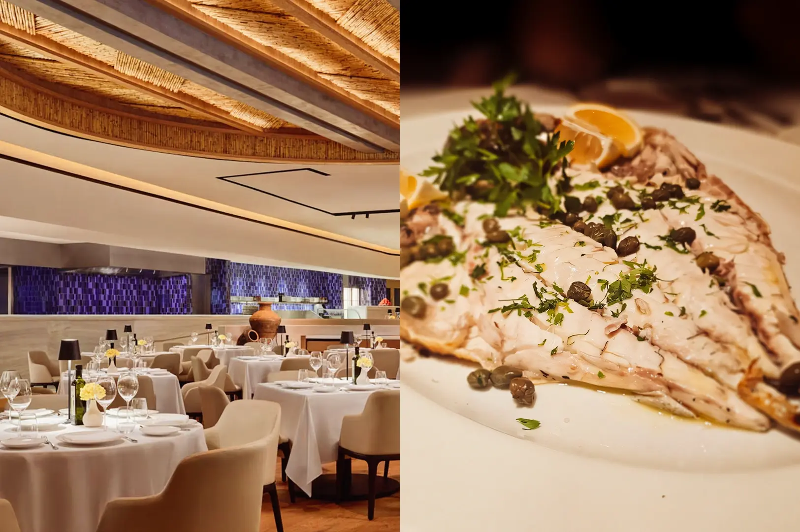 Left: Wide-angle, eye-level view of an elegant fine dining restaurant with white tablecloths, curved upholstered chairs, decorative ceiling panels, and soft ambient lighting, with a blue-toned textured wall visible in the background. Right: Close-up three-quarter angle shot of a plated fish dish with sliced white fish arranged on a white plate, garnished with capers, herbs, and lemon wedges, emphasizing delicate textures, light sauce, and refined presentation under warm table lighting.