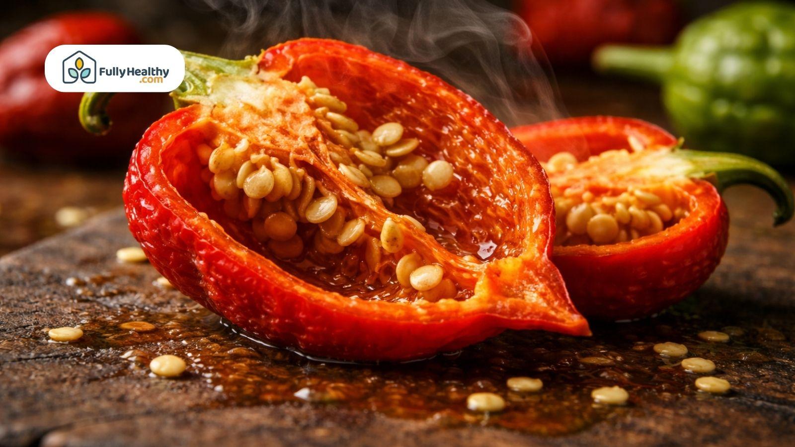 Close up of cut red chili pepper with seeds and steam rising