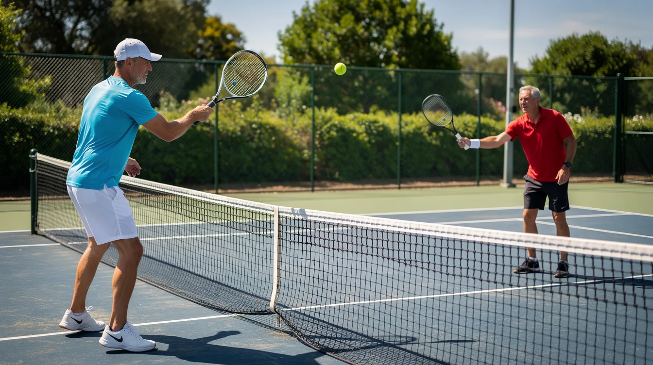 Two intermediate tennis players are practicing their volleys at the net on a sunny outdoor hard court, focusing on both forehand and backhand volleys. They demonstrate proper technique, including a continental grip and a straight arm position, as they aim to improve their reaction time and control while hitting low balls with their racquets.