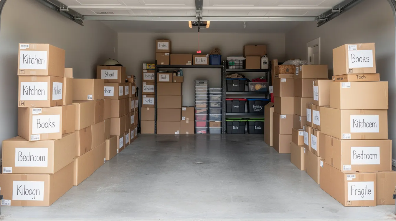 The image shows an organized garage space filled with stacked moving boxes of various sizes, including medium and large boxes, all clearly labeled for easy identification. This setup suggests a well-planned packing process for an upcoming move, helping to determine how many moving boxes are needed for belongings like kitchen items and clothing.
