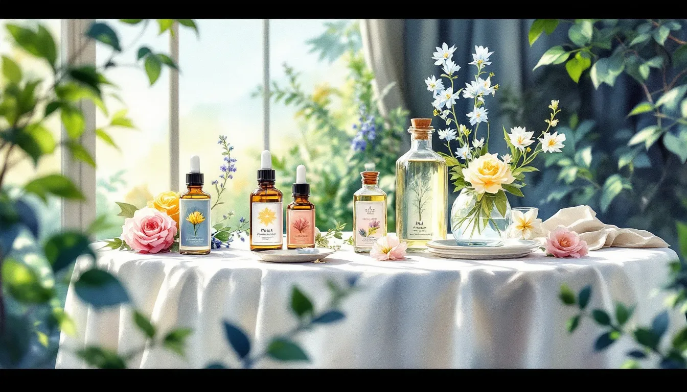 Different types of Bach flower remedies arranged on a table.