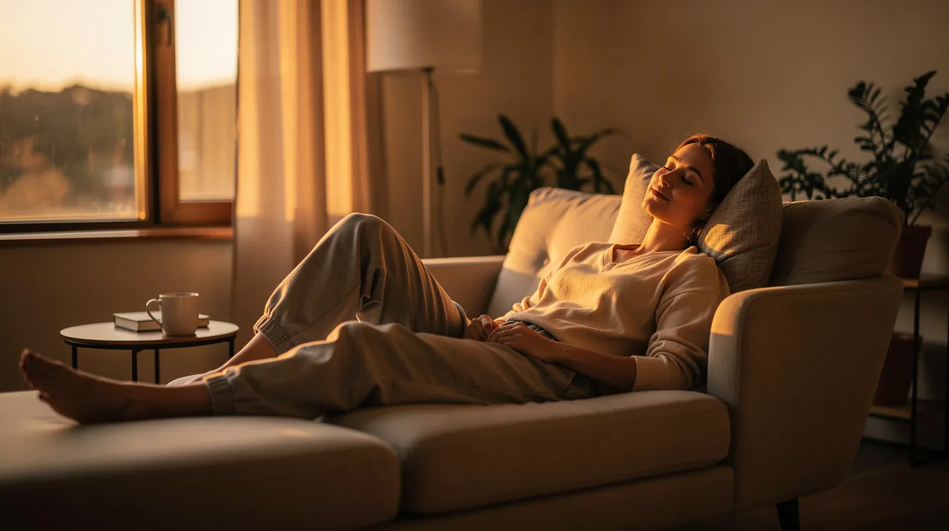 A person is relaxing on a comfortable couch bathed in warm golden evening light, exuding a calm expression that suggests they are enjoying the relaxing effects of an indica dominant hybrid strain like zkittlez. The serene atmosphere hints at a moment of tranquility, perfect for unwinding after a long day.