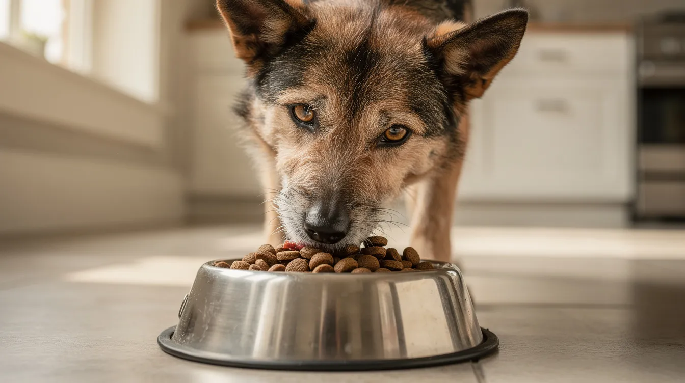 A berger picard, a distinct French herding dog known for its erect ears and wiry coat, is happily eating high-quality kibble from a dog bowl. This medium-sized breed, recognized by the American Kennel Club, showcases its intelligent personality and strong connection to its herding roots.