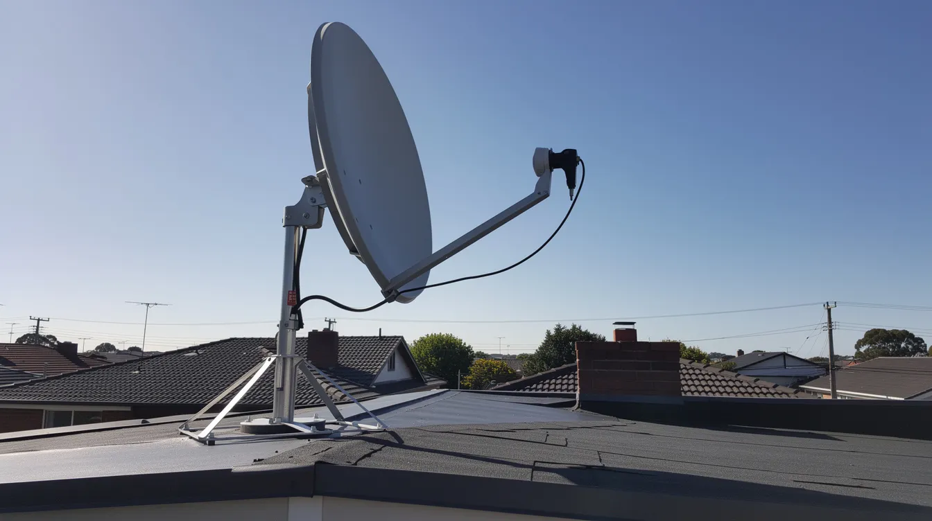 A satellite dish is mounted on a rooftop in a residential area under a clear sky, indicating a setup for receiving signals from a DSTV decoder. This installation is essential for ensuring proper decoder settings and optimal signal strength for watching channels without interruptions.