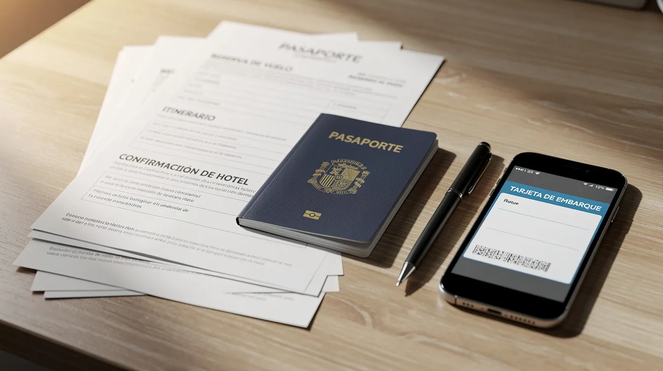 Imagen de documentos organizados, incluyendo una solicitud de visa y un pasaporte, sobre un escritorio. Estos documentos son esenciales para el trámite de viaje a España y pueden incluir información sobre la estancia y requisitos necesarios.