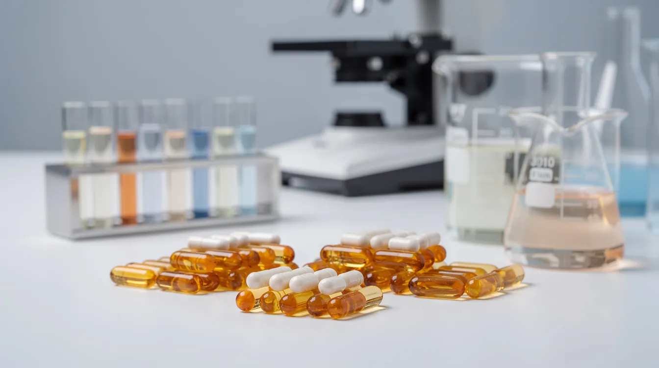 The image shows a collection of supplement capsules neatly arranged beside various laboratory equipment, highlighting the focus on oral administration of nicotinamide riboside (NR) and nicotinamide mononucleotide (NMN) for potential benefits in metabolic health and cellular energy. This setup suggests a scientific approach to understanding the effects of these NAD precursors on healthy aging and mitochondrial function in both animal studies and human research.