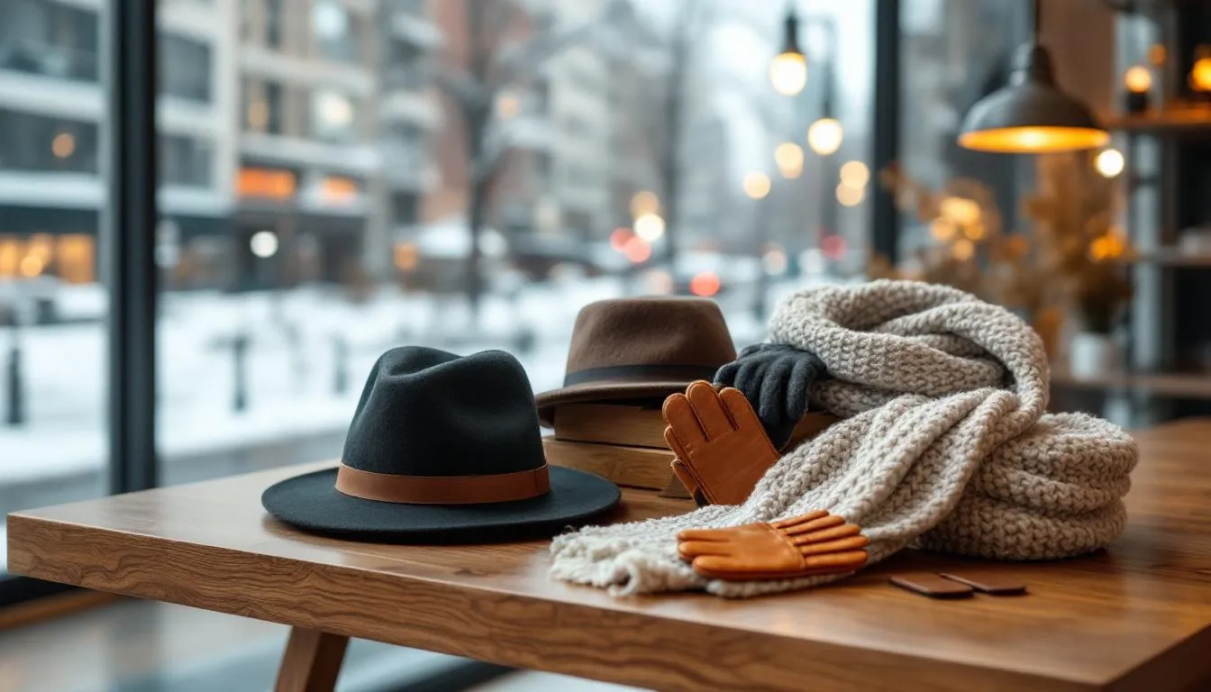 Stylish winter hats arranged with other cozy gifts for the cold weather.
