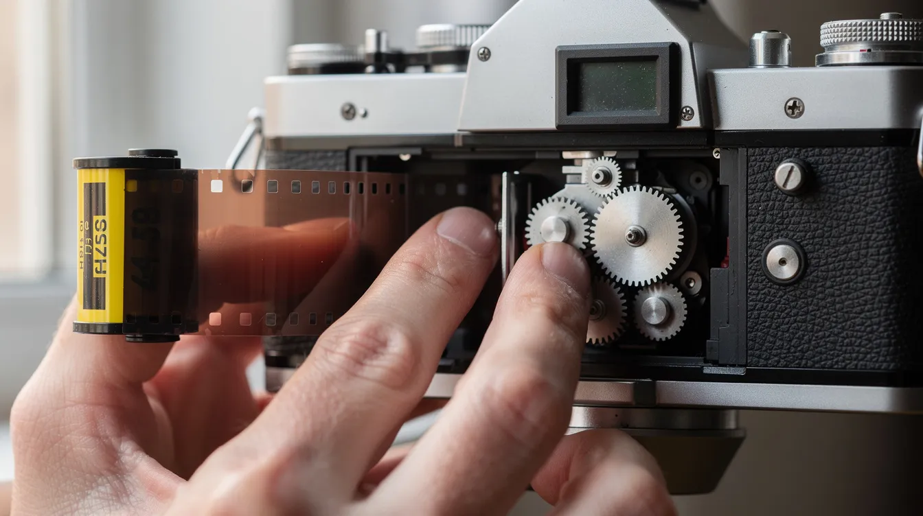 Nahaufnahme von Händen, die eine 35mm-Filmrolle in eine silberne Spiegelreflexkamera einlegen. Im Hintergrund sind die offenen Rückwand der Kamera, die Filmführung und die Zahnräder sichtbar, die für die richtige Funktion des Films sorgen.