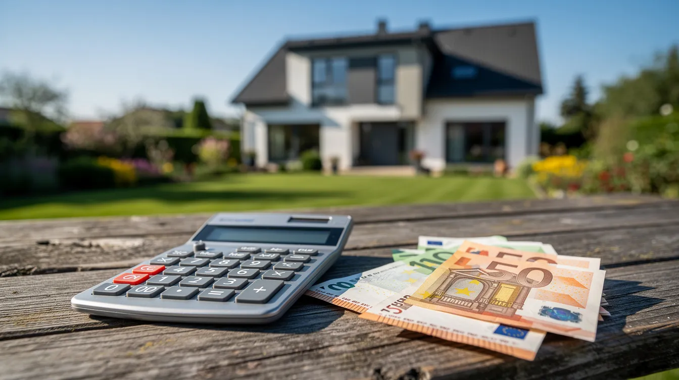 Das Bild zeigt ein Einfamilienhaus mit einem gepflegten Garten. Vor dem Haus liegen ein Taschenrechner und einige Geldscheine auf einem Holztisch, was auf Themen wie Immobilienfinanzierung und die Berechnung von Annuitätendarlehen hinweist.