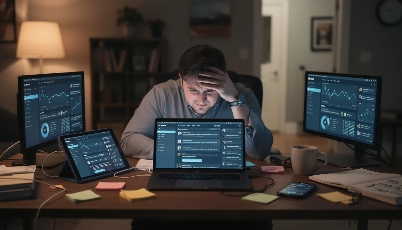 A person appears stressed while looking at multiple screens, including a laptop, tablet, and phone, in a cluttered home office. This scene highlights the challenges of maintaining a healthy work-life balance and the impact of work-related stress on mental well-being.