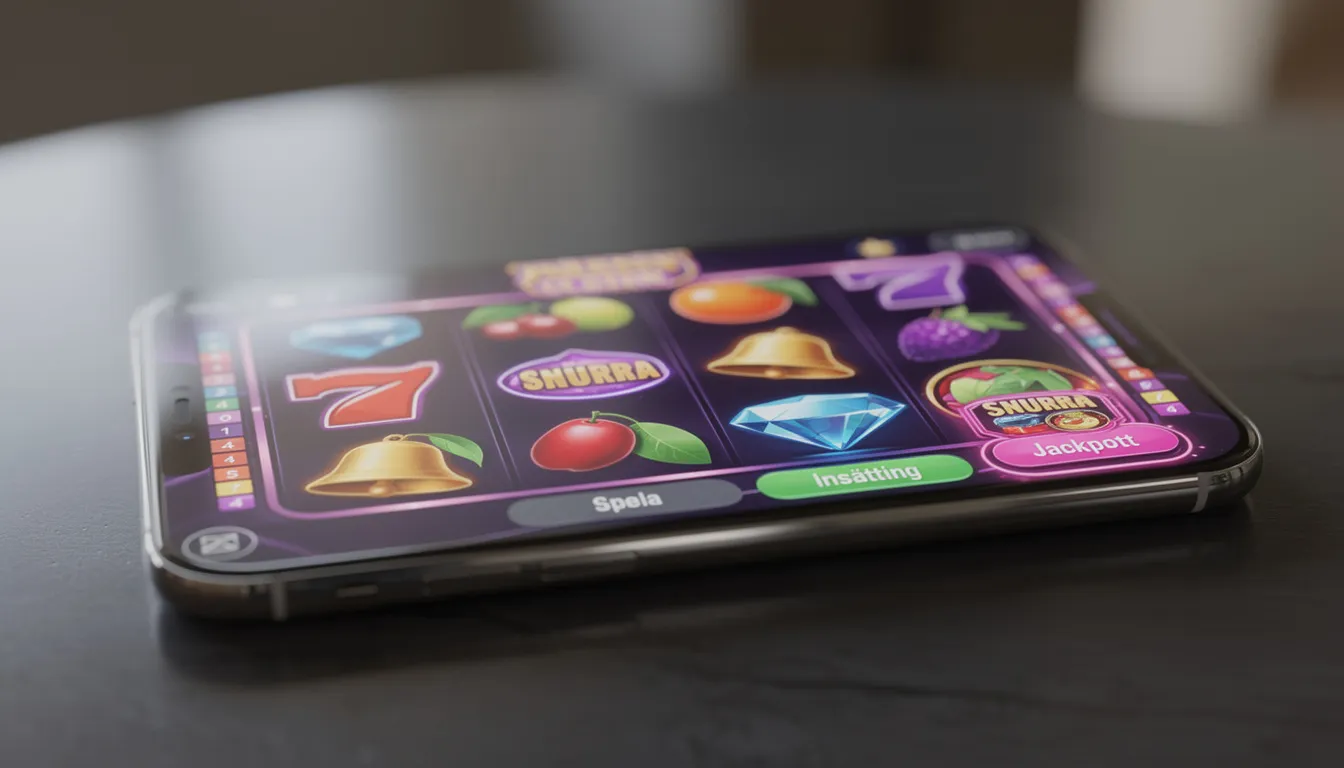 En smartphone visar ett färgglatt och modernt online casino-gränssnitt med spelautomater, inklusive populära spel som "Book of Dead". Gränssnittet erbjuder funktioner för insättningar och uttag, samt en live chatt för kundtjänst dygnet runt.