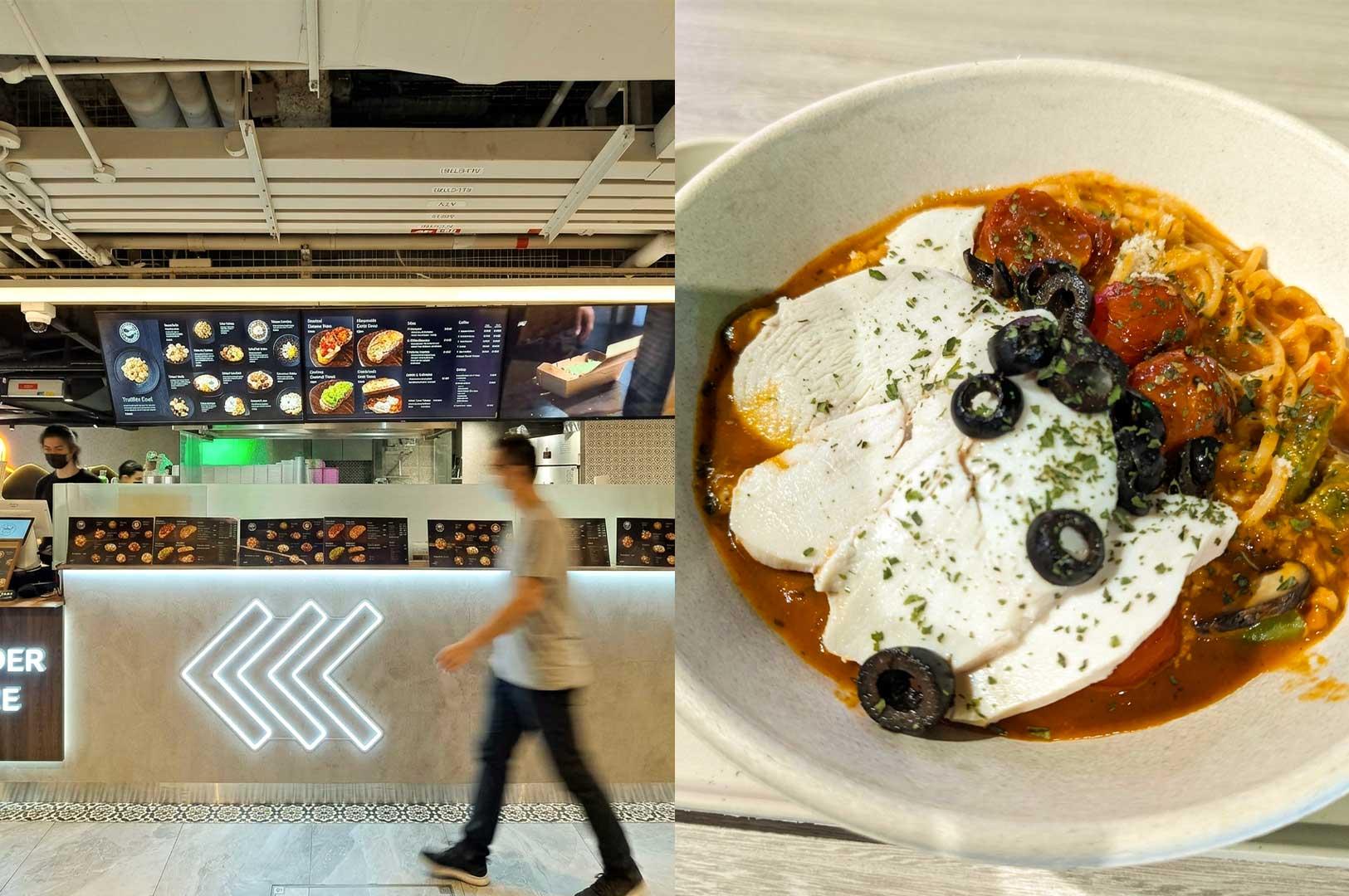 Left Panel: A sleek counter-service storefront with white exposed ceiling pipes, large digital menu displays mounted overhead, an illuminated geometric arrow logo on a textured grey counter, and a diner walking past the ordering station. Right Panel: A top-down shot of a wide ceramic bowl filled with pasta in a rich tomato sauce, topped with tender sliced poached chicken breast, chopped black olives, blistered cherry tomatoes, herbs, and grated cheese.
