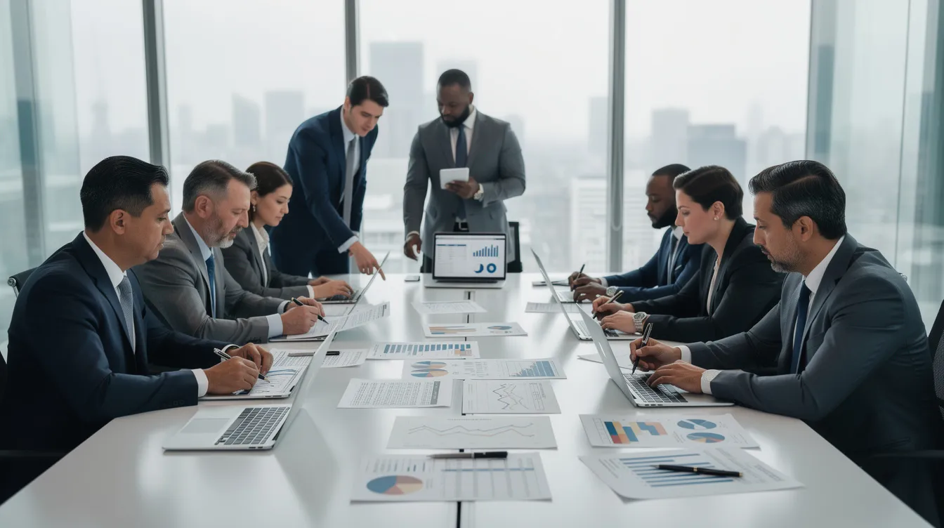 A group of business professionals is gathered around a conference table, intently reviewing financial documents and charts related to the dairy industry, including costs associated with setting up a milk processing plant and the potential profits for dairy entrepreneurs. The atmosphere is focused as they discuss financial assistance options and strategies for optimizing dairy processing operations.
