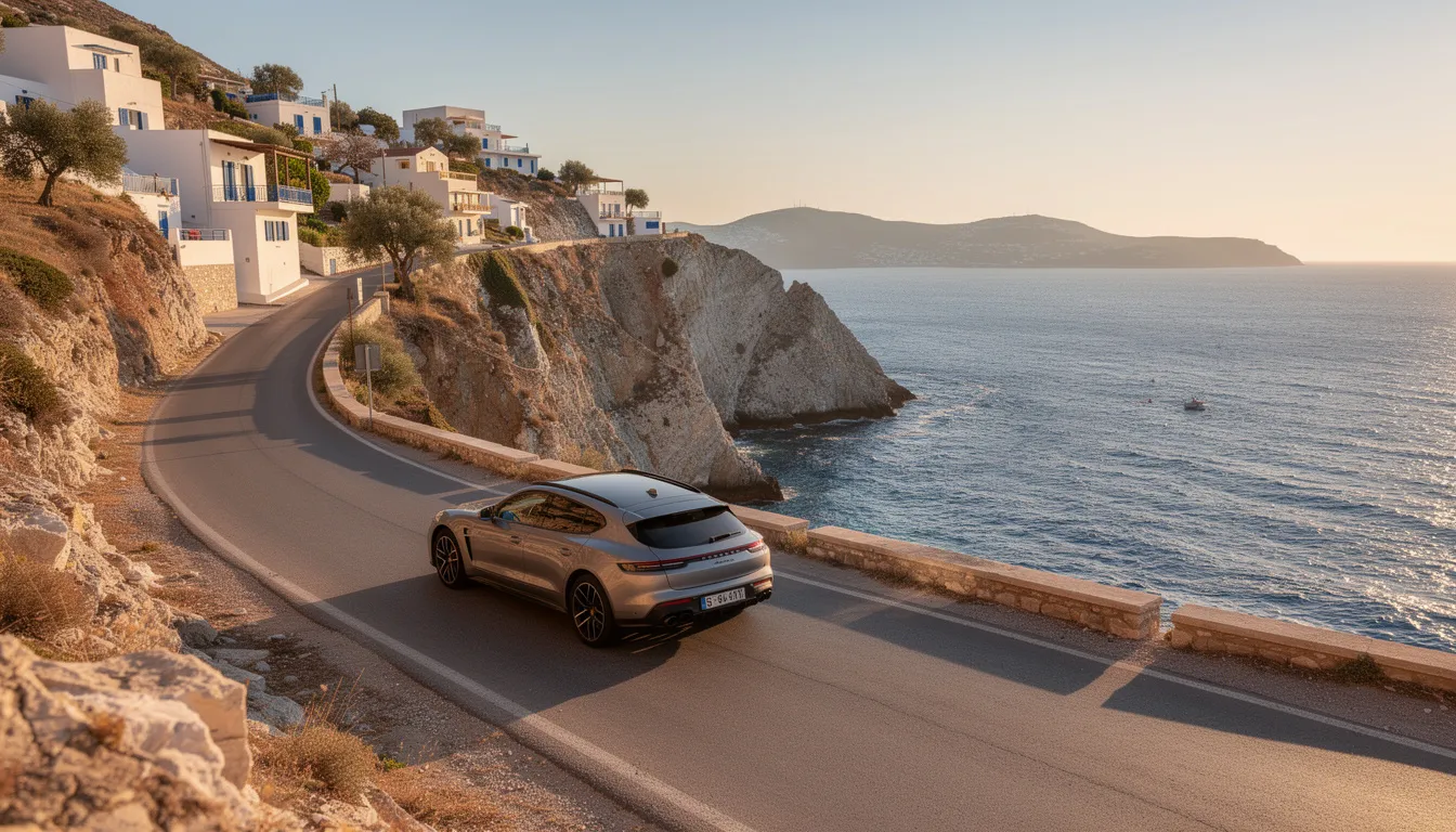 Une voiture de location roule sur une route côtière grecque, offrant une vue imprenable sur la mer Égée. Ce paysage pittoresque met en avant la beauté des plages et des paysages grecs, parfait pour les voyageurs en quête de liberté et d'aventure.