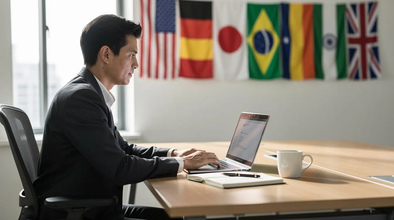 A person is seated at a desk, focused on their laptop while international flags hang in the background, symbolizing global payments and international transactions. This scene reflects the importance of payment methods like PayPal and Payoneer for receiving payments and managing business finances across multiple currencies.