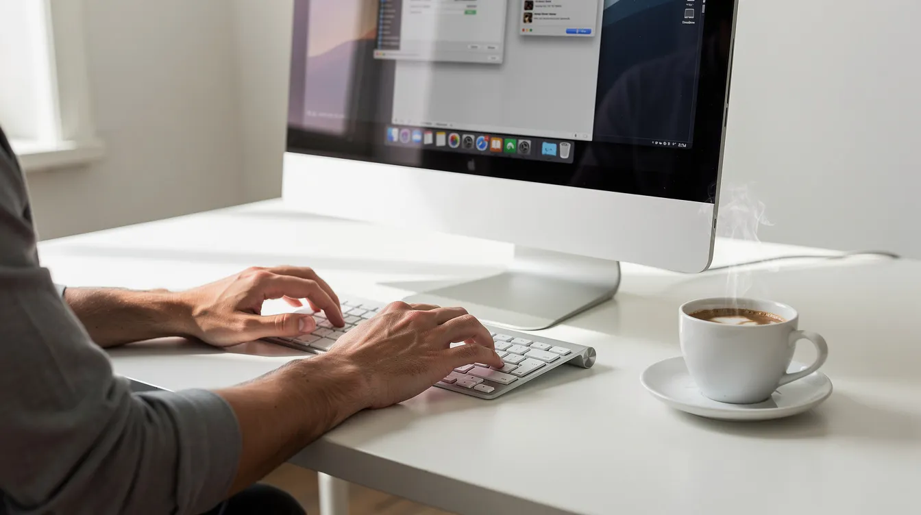 Eine Person sitzt an einem Schreibtisch und arbeitet konzentriert an einem iMac, während ihre Hände auf einer Apple Tastatur liegen. Neben ihr steht eine Tasse Kaffee, die eine angenehme Atmosphäre zum Schreiben von E-Mails und Beiträgen schafft.