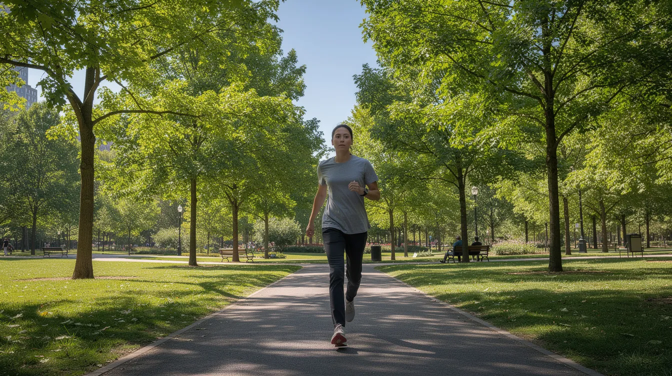 A person is walking briskly through a sunny park surrounded by lush trees, embodying an active lifestyle that promotes health and longevity. Engaging in physical activity like this not only boosts energy but also contributes to maintaining radiant skin and reducing the first signs of aging.
