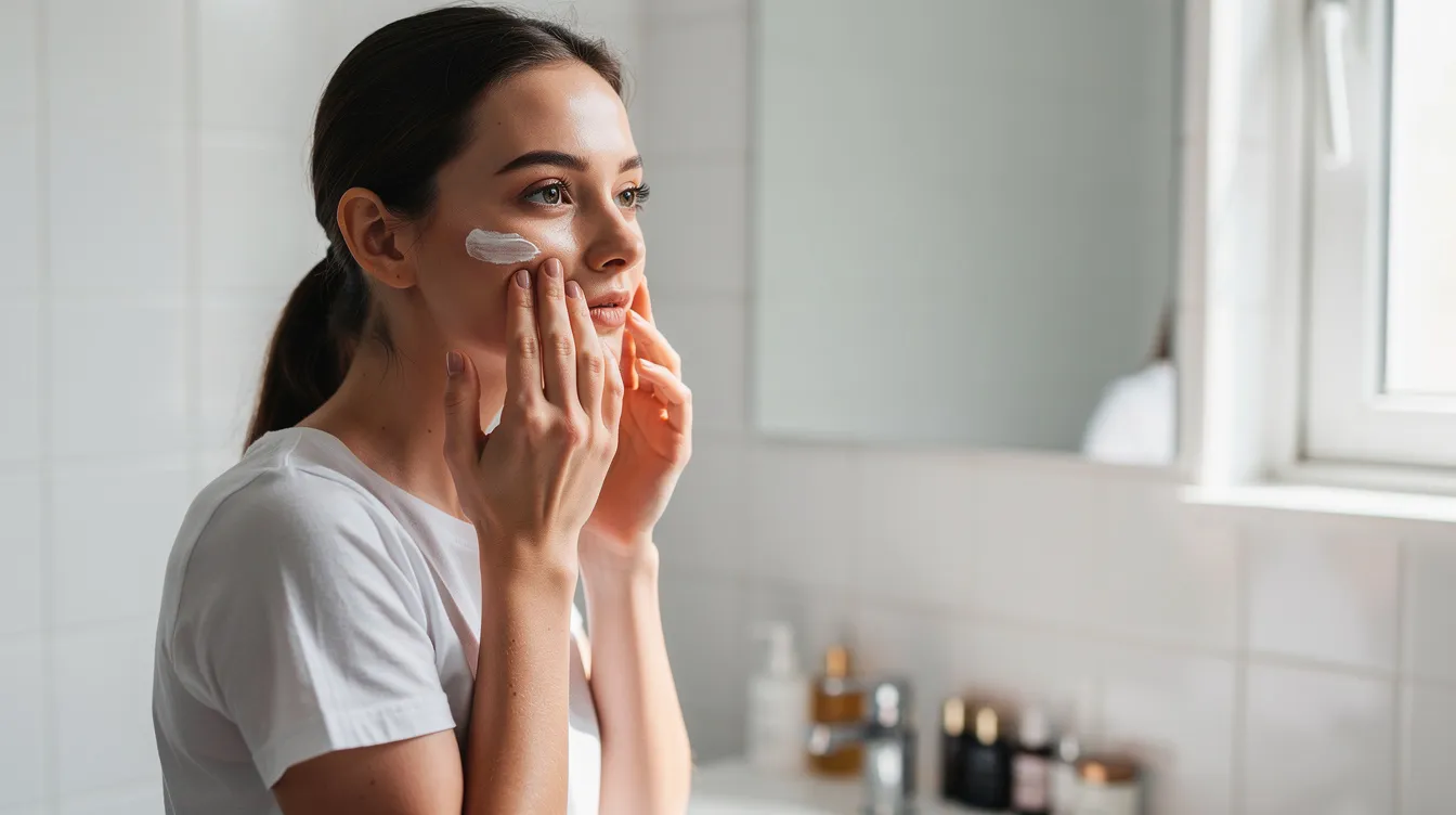 A woman stands by a bright bathroom window, applying a lightweight facial sunscreen to her skin, ensuring she is protected from harmful UV rays. This daily moisturiser is ideal for all skin types, providing broad spectrum SPF protection to help prevent premature ageing and maintain a hydrated, radiant glow.