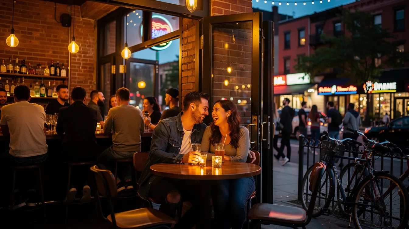 A couple enjoys a lively date at a Brooklyn bar, surrounded by a bustling crowd of New Yorkers enjoying the vibrant nightlife. The scene captures the essence of the NYC dating culture, with multiple people socializing, creating an atmosphere filled with fun and potential connections.