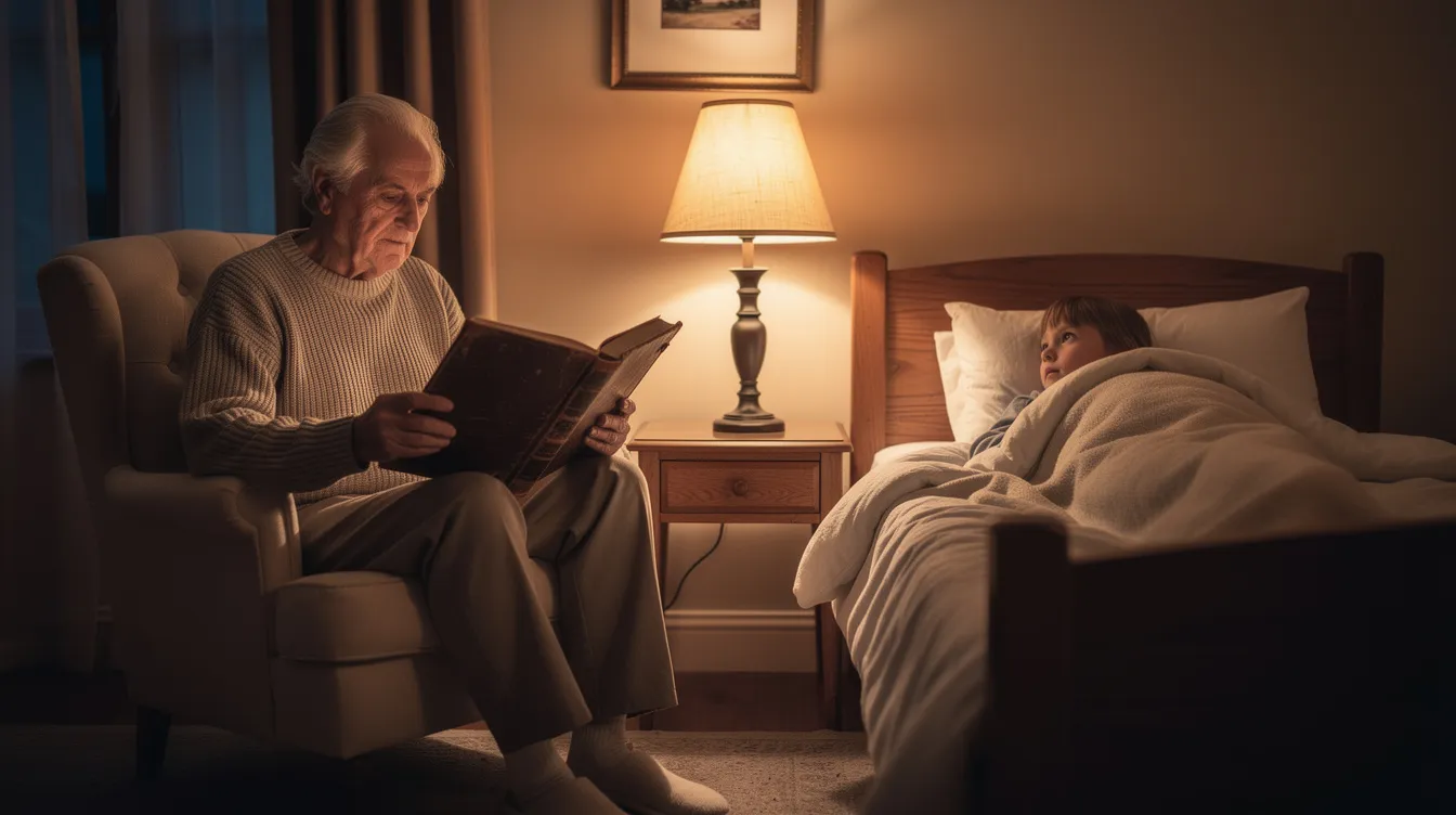 Ein älterer Mann sitzt in einem gemütlichen Sessel und liest einem Kind in einem Bett aus einem alten, ledergebundenen Buch vor, während warmes Lampenlicht den Raum erhellt. Die Szene strahlt eine liebevolle Atmosphäre aus, die an die Märchen und Abenteuer aus "Die Braut des Prinzen" erinnert.