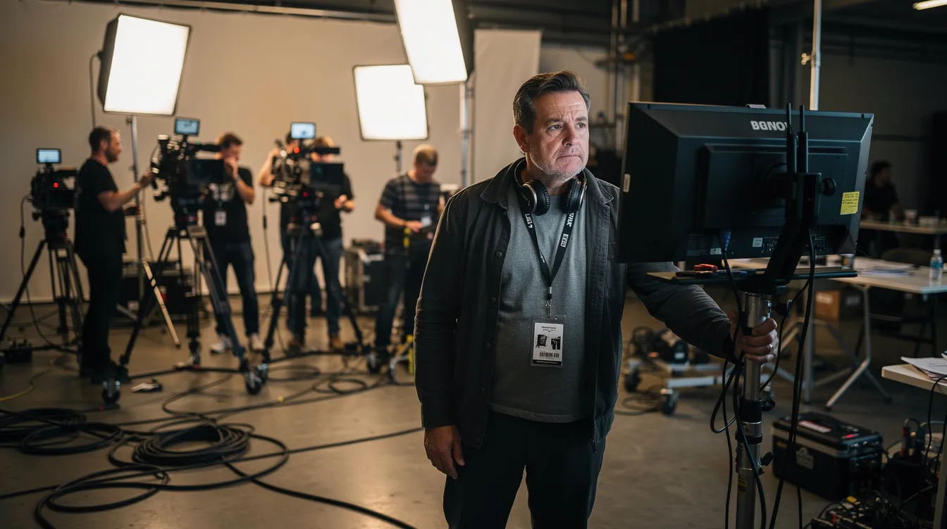 Ein Regisseur arbeitet konzentriert am Set, während er auf einen großen Monitor blickt, umgeben von technischem Equipment und Crew-Mitgliedern, die an der Produktion eines Blockbusters, möglicherweise eines der teuersten Filme aller Zeiten, beteiligt sind. Die Atmosphäre ist geprägt von kreativer Energie und dem Streben nach perfekten Spezialeffekten, die für die Filmindustrie entscheidend sind.