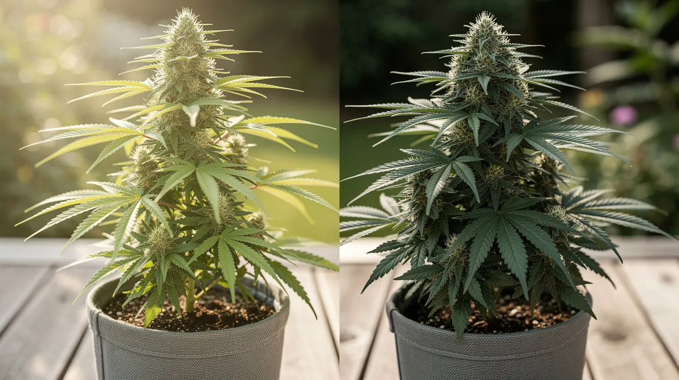 The image showcases two distinct cannabis plant varieties side by side, illuminated by natural light, highlighting their unique features. The vibrant green leaves and differing structures may influence appetite, as studies suggest that certain cannabinoids can act as appetite stimulants, contributing to increased food intake.