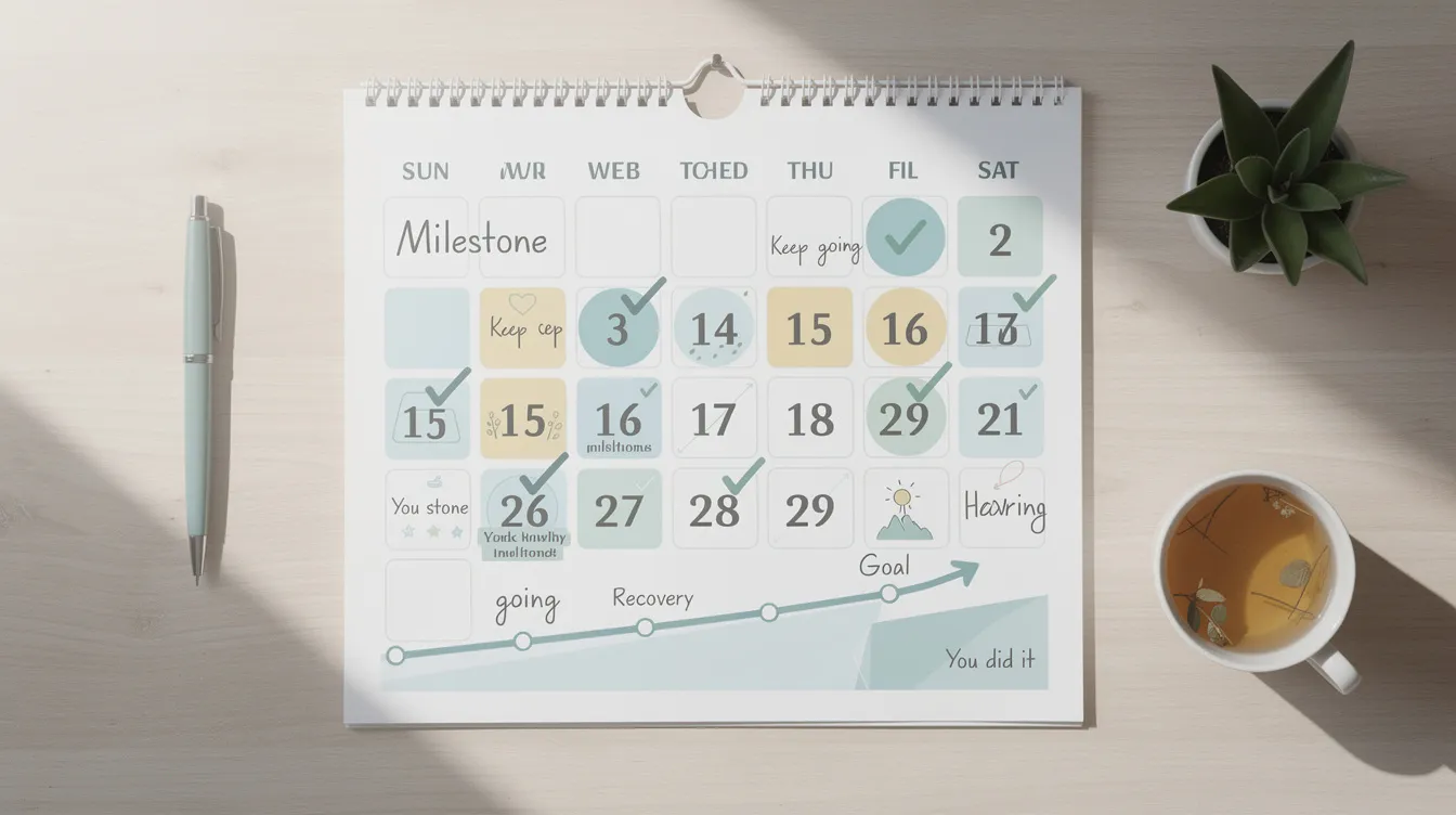 The image depicts a calendar with various recovery milestones marked, highlighting important dates for breast augmentation recovery, including follow-up appointments and recommended activities. Each milestone indicates progress in the recovery timeline, helping patients track their healing journey after breast implant surgery.