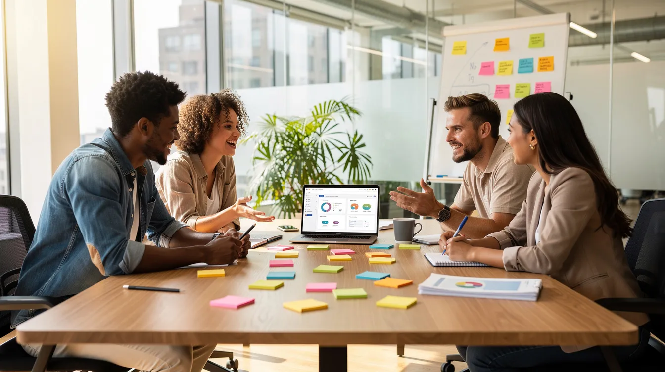 Une équipe collabore autour d'une table, entourée de notes autocollantes et d'un ordinateur portable, dans un espace de travail lumineux et collaboratif. Cette image illustre le management à distance, mettant en avant la communication et la cohésion entre les membres, essentiels pour le bien-être et la réussite des projets.