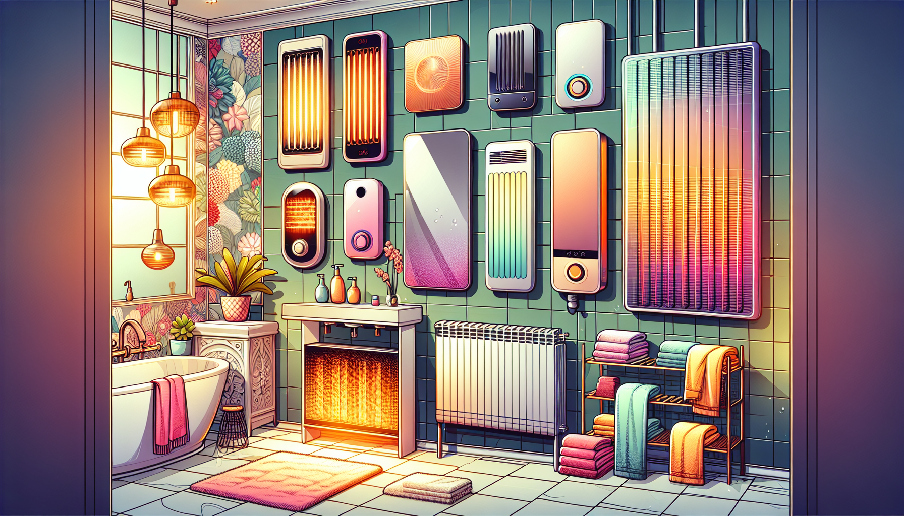 An illustration of various electric bathroom heaters including panel and infrared heaters.