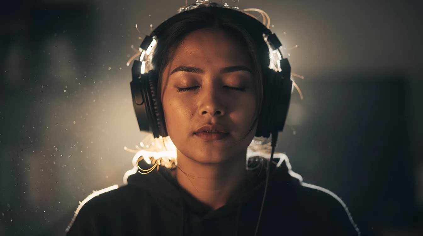 Ein Mensch mit geschlossenen Augen trägt Kopfhörer und ist im atmosphärischen Gegenlicht zu sehen, was eine filmische Stimmung erzeugt. Die Szene vermittelt ein Gefühl von Musik und Emotion, als ob derjenige in die Klänge eines Albums oder einer Playlist eintaucht.