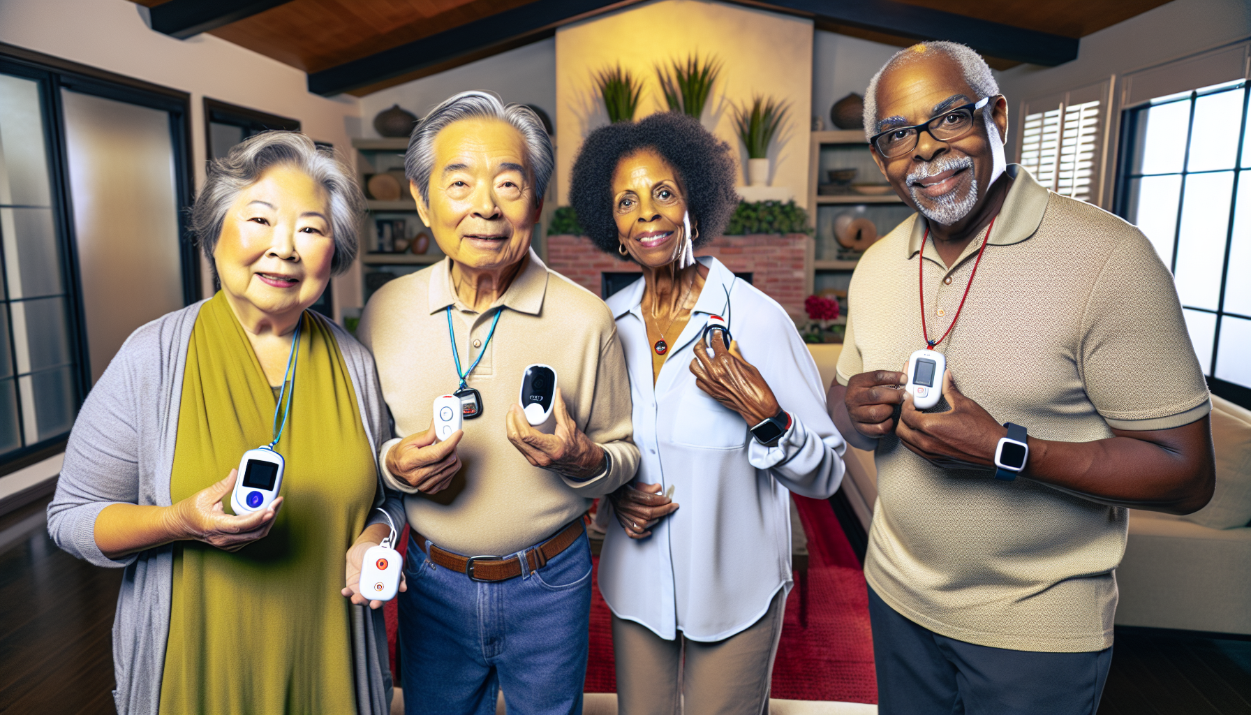 A group of senior individuals smiling and using medical alert devices
