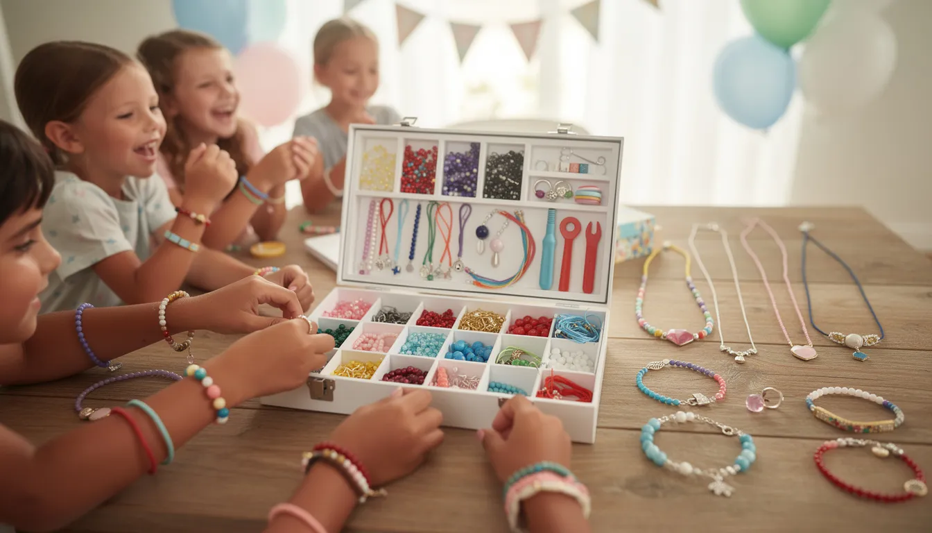 The image features a vibrant assortment of jewellery making kits, including colorful beads, charms, and clasps, designed for children to create their own unique friendship bracelets and necklaces. This engaging setup showcases the fun and creativity involved in bracelet making, perfect for kids at parties or as a relaxing hobby.