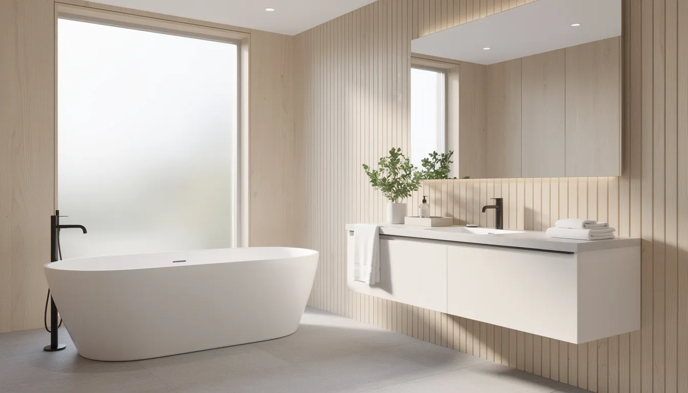 Deze afbeelding toont een Scandinavische badkamer met lichte houtlook wandpanelen en wit sanitair, wat zorgt voor een moderne en stijlvolle uitstraling. De wandpanelen zijn ideaal voor vochtige ruimtes en bieden eindeloze ontwerpmogelijkheden voor een nieuwe badkamer.