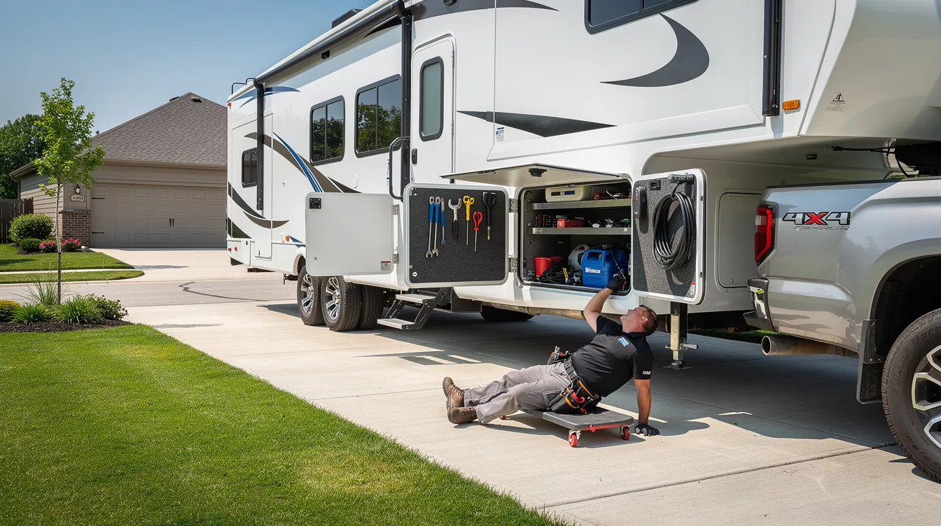 A fifth wheel RV is parked in a residential driveway with its compartment doors open, while a certified technician is working underneath, performing routine maintenance and repairs. The scene highlights the importance of mobile RV repair services for RV owners, ensuring their vehicles are ready for the road.