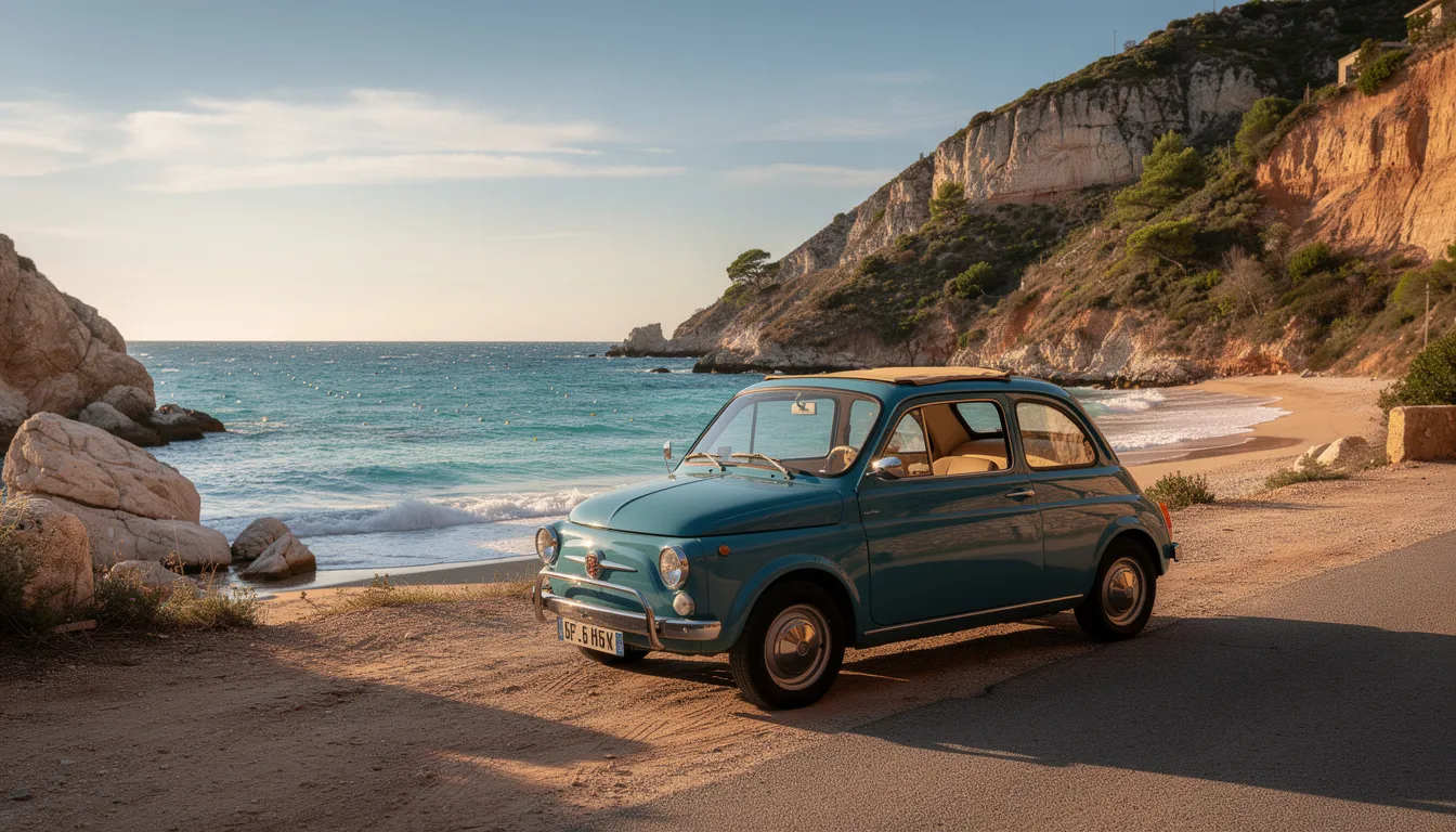 Une petite voiture citadine est garée près d'une crique méditerranéenne, où l'eau turquoise scintille sous le soleil. Ce paysage idyllique sur l'île de Minorque évoque des vacances relaxantes, parfaites pour explorer les plages et les criques de la région.