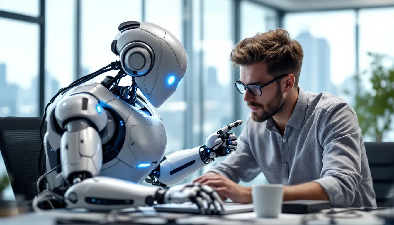W obrazie widać robota, który wspiera człowieka pracującego przy komputerze, oferując pomoc w codziennych zadaniach. Robot, działający na zasadzie zaawansowanego modelu AI, może być wykorzystywany do automatyzacji procesów i analizy danych, co pokazuje zastosowanie technologii takich jak Claude AI.