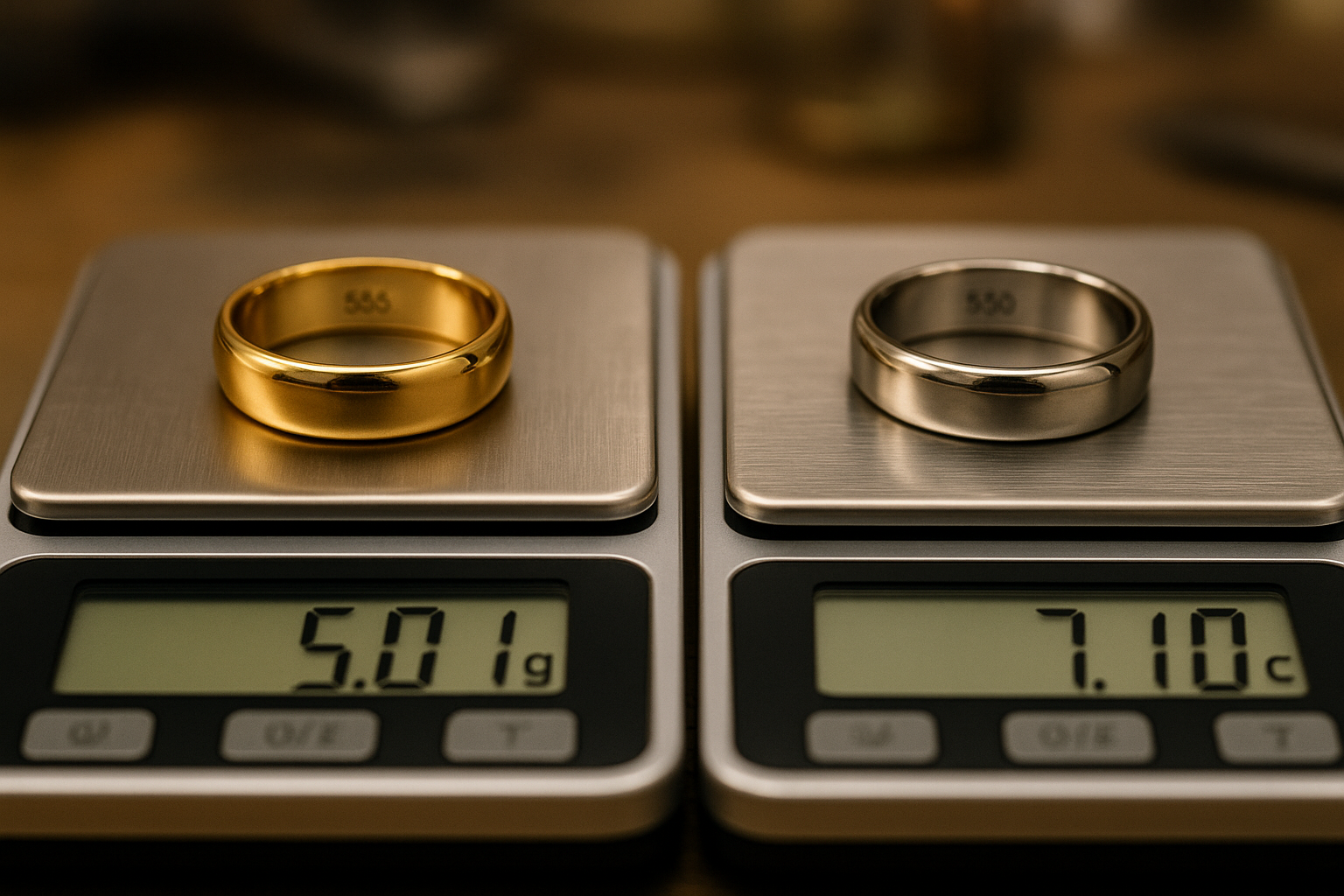 Ant dviejų juvelyro svarstyklių padėti vestuviniai žiedai – kairėje geltono aukso žiedas su 585 prabos ženklu ir svoriu 5.01 g, dešinėje platininis žiedas su 950 ženklu ir svoriu 7.10 g