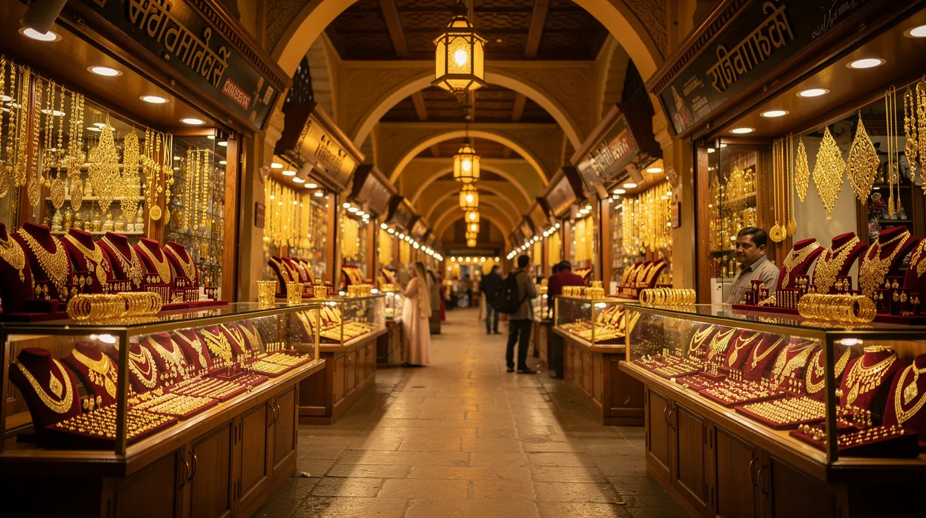 The image depicts a traditional gold market featuring ornate jewelry displays illuminated by warm lighting within a covered walkway, creating an inviting atmosphere for shoppers. This bustling market, known as the gold souk, is a popular destination for tourists and locals alike, showcasing the rich culture and craftsmanship of Dubai.